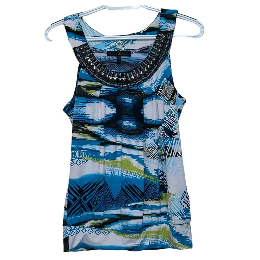 Heart Soul Women's Teal Black White Embellished Scoop Neck Tank Size M